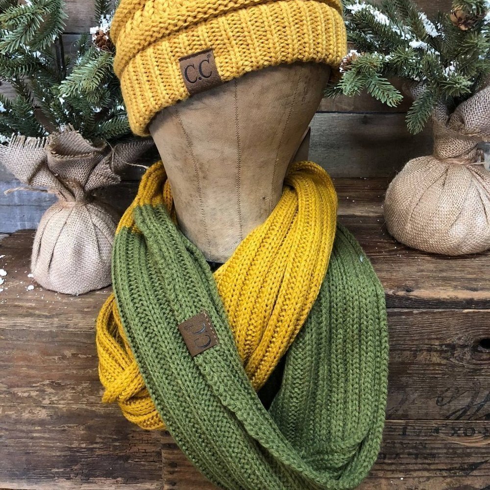NWT CC Beanie Infinity Scarf Mustard & Olive Green Color Block | Knit Scarf